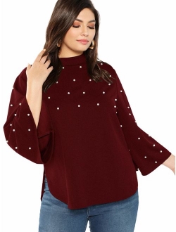 Women's Plus Elegant Pearls Beaded Long Sleeve Blouse Top