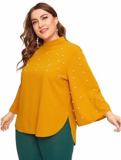 Women's Plus Elegant Pearls Beaded Long Sleeve Blouse Top