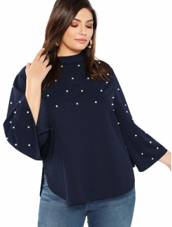 Women's Plus Elegant Pearls Beaded Long Sleeve Blouse Top