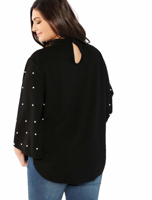 ROMWE Women's Plus Elegant Pearls Beaded Long Sleeve Blouse Top