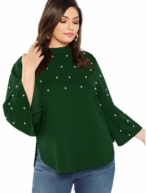 ROMWE Women's Plus Elegant Pearls Beaded Long Sleeve Blouse Top