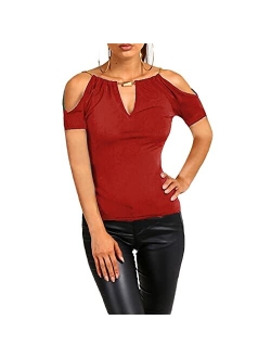 USGreatgorgeous Women's Open Cold Shoulder Slim Fit Short Sleeve Tee Shirt Casual Blouse Tops