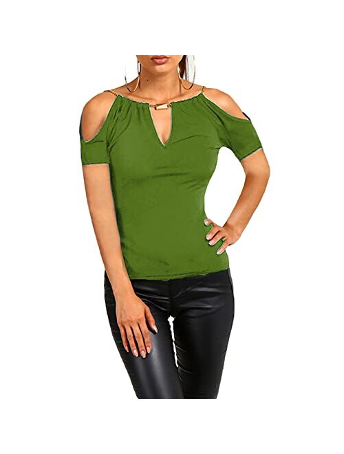 USGreatgorgeous Women's Open Cold Shoulder Slim Fit Short Sleeve Tee Shirt Casual Blouse Tops