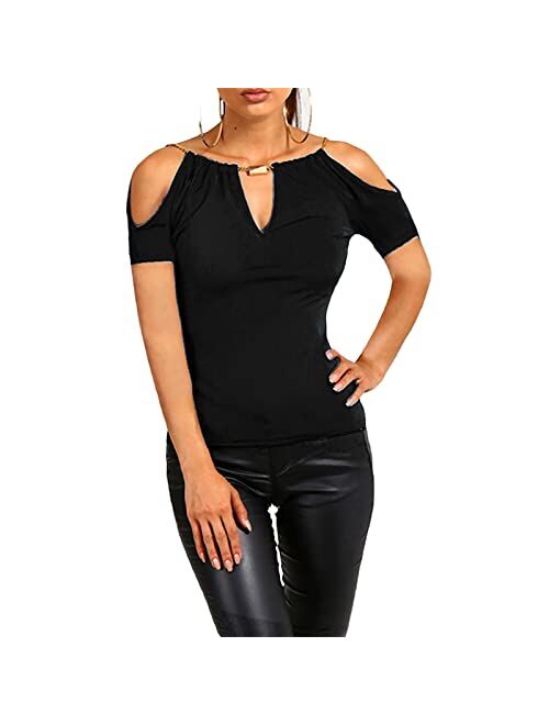 USGreatgorgeous Women's Open Cold Shoulder Slim Fit Short Sleeve Tee Shirt Casual Blouse Tops