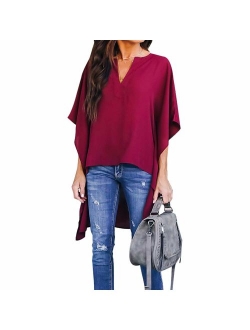 Joteisy Women's V Neck Casual High Low Hem Blouse, Batwing Sleeve Tops