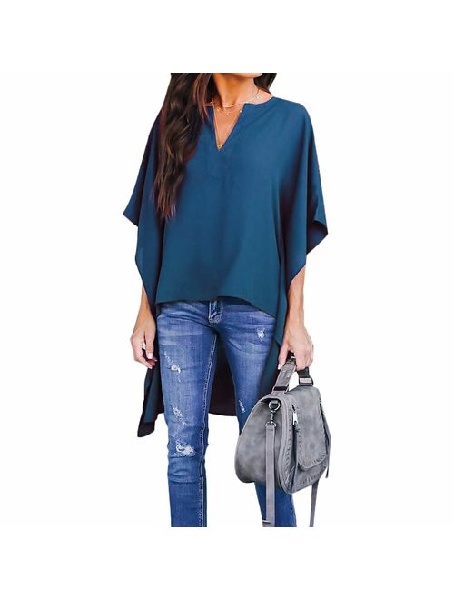 Joteisy Women's V Neck Casual High Low Hem Blouse, Batwing Sleeve Tops