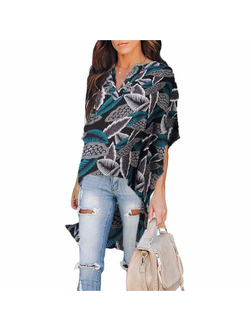 Joteisy Women's V Neck Casual High Low Hem Blouse, Batwing Sleeve Tops