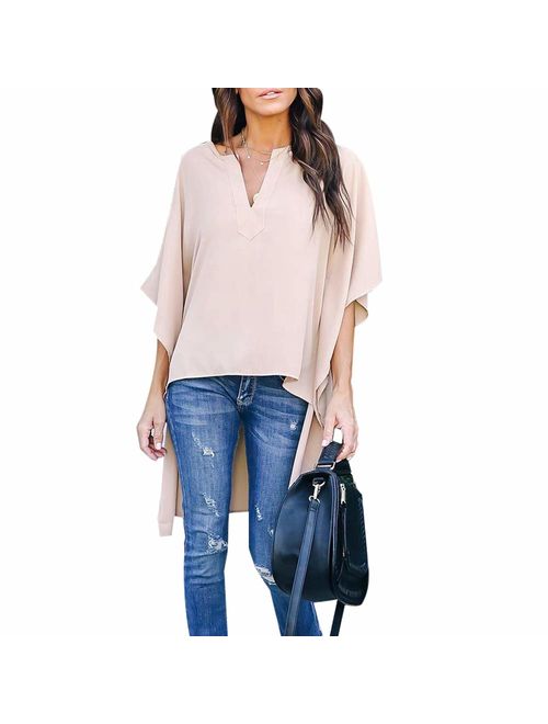 Joteisy Women's V Neck Casual High Low Hem Blouse, Batwing Sleeve Tops