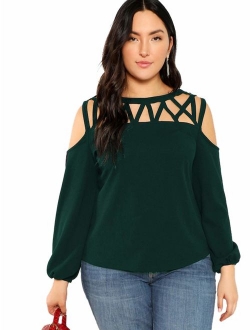 Women's Plus Size Long Lantern Sleeve Cold Shoulder Hollow Out Casual Top Blouse