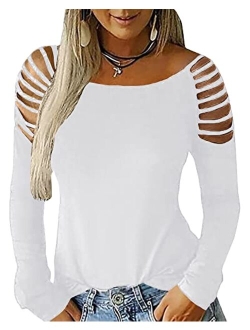 Women's Long Sleeve Cold Shoulder Tops Plain Hollow Out Boat Neck Casual Blouses Shirts