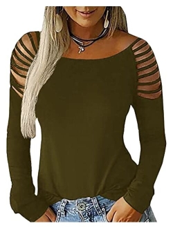 Women's Long Sleeve Cold Shoulder Tops Plain Hollow Out Boat Neck Casual Blouses Shirts