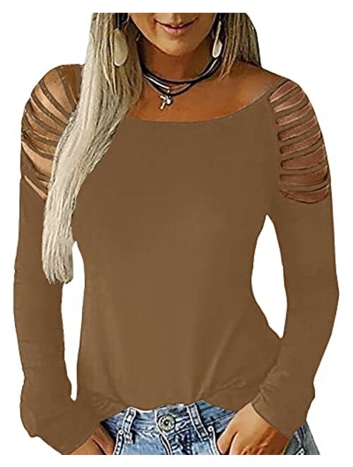 Cicy Bell Women's Long Sleeve Cold Shoulder Tops Plain Hollow Out Boat Neck Casual Blouses Shirts