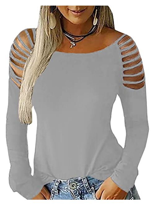 Cicy Bell Women's Long Sleeve Cold Shoulder Tops Plain Hollow Out Boat Neck Casual Blouses Shirts