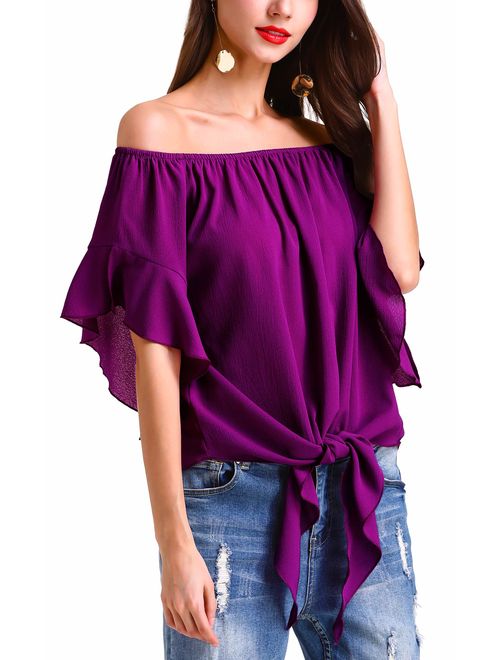 Hibluco Women's Off Shoulder Flare Sleeve Elastic Pullover Crop Top