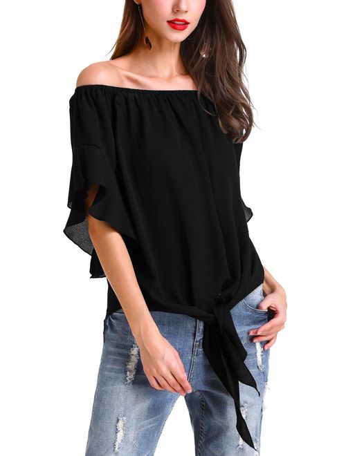 Hibluco Women's Off Shoulder Flare Sleeve Elastic Pullover Crop Top