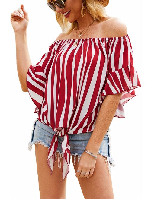 Hibluco Women's Off Shoulder Flare Sleeve Elastic Pullover Crop Top