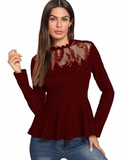 Women's Lace Mesh Round Neck Pleated Elegant Slim Fit Peplum Top Shirt Blouse