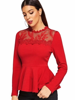 Women's Lace Mesh Round Neck Pleated Elegant Slim Fit Peplum Top Shirt Blouse