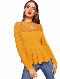 Women's Lace Mesh Round Neck Pleated Elegant Slim Fit Peplum Top Shirt Blouse