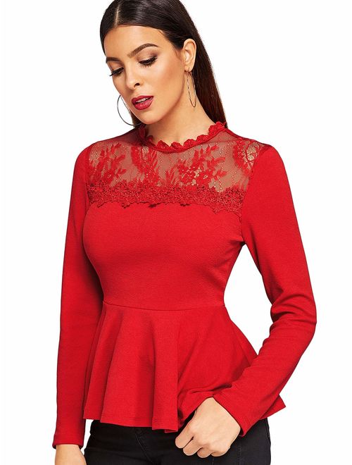 ROMWE Women's Lace Mesh Round Neck Pleated Elegant Slim Fit Peplum Top Shirt Blouse