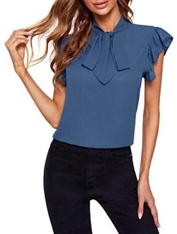 Women's Casual Short Sleeve Ruffle Bow Tie Blouse Top Shirts