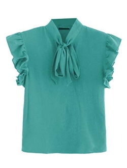 Women's Casual Short Sleeve Ruffle Bow Tie Blouse Top Shirts