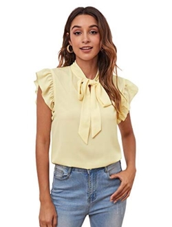 Women's Casual Short Sleeve Ruffle Bow Tie Blouse Top Shirts