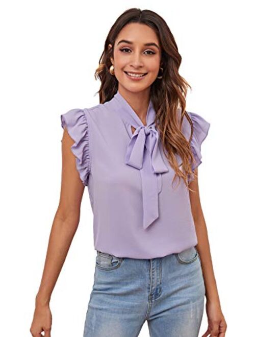 Romwe Women's Casual Short Sleeve Ruffle Bow Tie Blouse Top Shirts