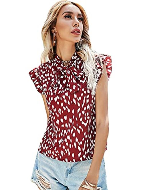 Romwe Women's Casual Short Sleeve Ruffle Bow Tie Blouse Top Shirts