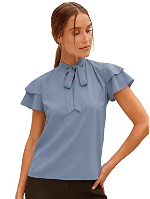 Romwe Women's Casual Short Sleeve Ruffle Bow Tie Blouse Top Shirts