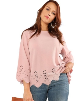 Women's Plus Size Hollow Out Scallop Hem 3/4 Sleeve Blouse Top