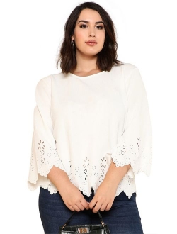 Women's Plus Size Hollow Out Scallop Hem 3/4 Sleeve Blouse Top