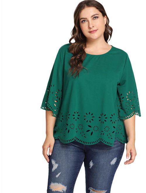 Romwe Women's Plus Size Hollow Out Scallop Hem 3/4 Sleeve Blouse Top