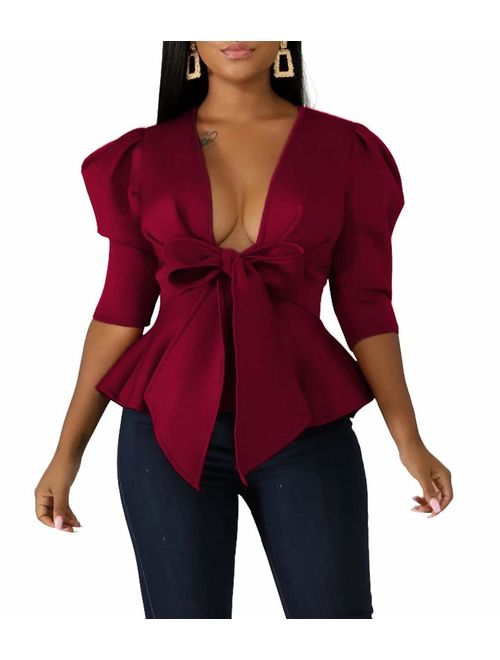 Blansdi Women Round Neck Ruffle Short Sleeve Peplum Bodycon Blouse Shirts Tops