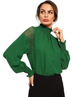 Women's Long Sleeve Stand Collar Lace Chiffon Blouse Top