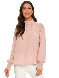 Women's Long Sleeve Stand Collar Lace Chiffon Blouse Top