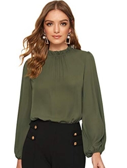 Women's Long Sleeve Stand Collar Lace Chiffon Blouse Top