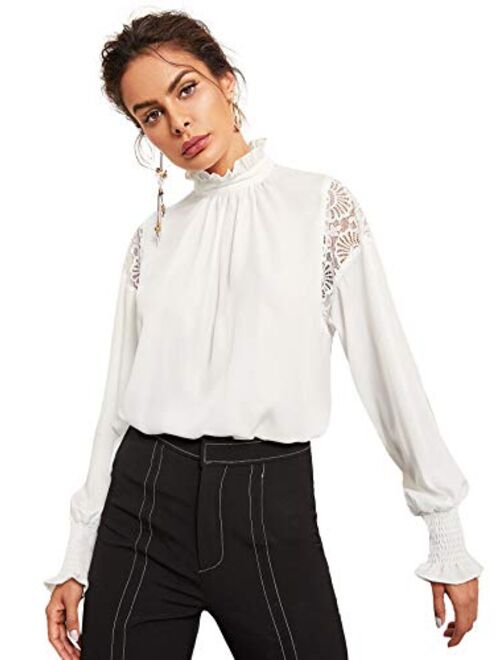 Floerns Women's Long Sleeve Stand Collar Lace Chiffon Blouse Top