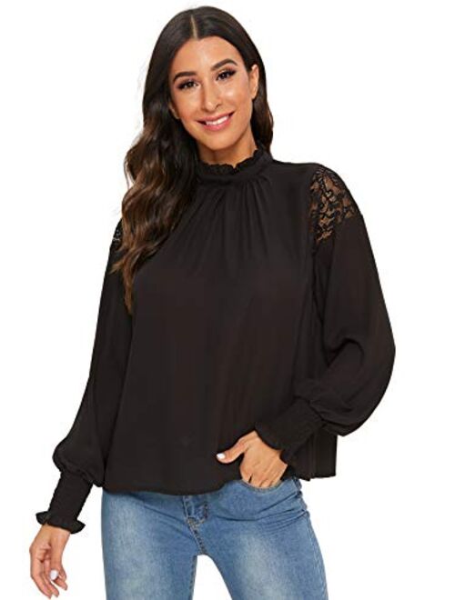 Floerns Women's Long Sleeve Stand Collar Lace Chiffon Blouse Top