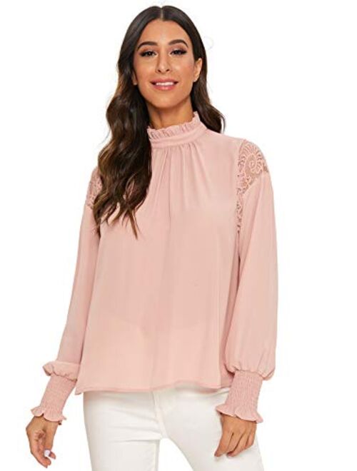 Floerns Women's Long Sleeve Stand Collar Lace Chiffon Blouse Top