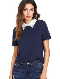 Women's Cute Contrast Collar Short Sleeve Casual Work Blouse Tops