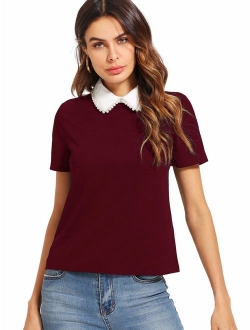 Women's Cute Contrast Collar Short Sleeve Casual Work Blouse Tops