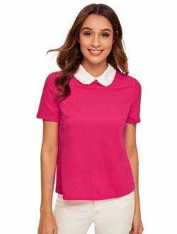 Women's Cute Contrast Collar Short Sleeve Casual Work Blouse Tops