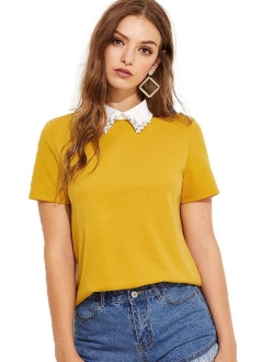 Women's Cute Contrast Collar Short Sleeve Casual Work Blouse Tops