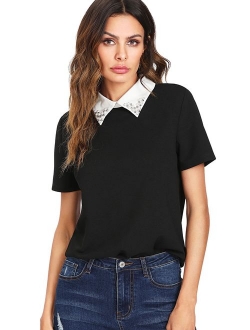 Women's Cute Contrast Collar Short Sleeve Casual Work Blouse Tops