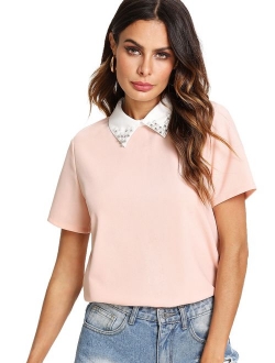 Women's Cute Contrast Collar Short Sleeve Casual Work Blouse Tops