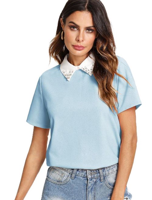 ROMWE Women's Cute Contrast Collar Short Sleeve Casual Work Blouse Tops