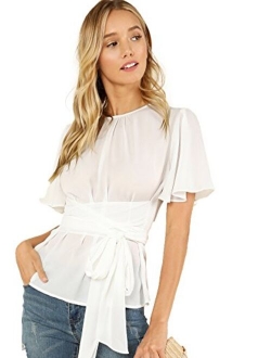 Women's Self Tie Wist Short Sleeve Casual Chiffon Blouse Tops