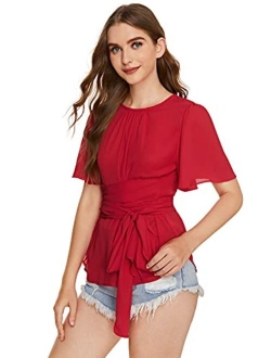 Women's Self Tie Wist Short Sleeve Casual Chiffon Blouse Tops