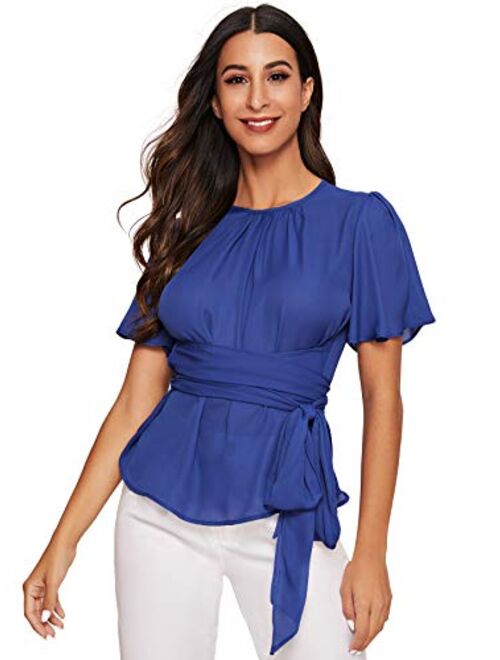 ROMWE Women's Self Tie Wist Short Sleeve Casual Chiffon Blouse Tops